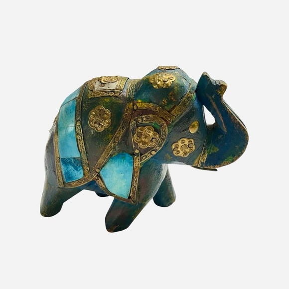 Carved Wood Indian Elephant Copper Brass and Bovine Bone Inlay Embellishments - Picture 2 of 13